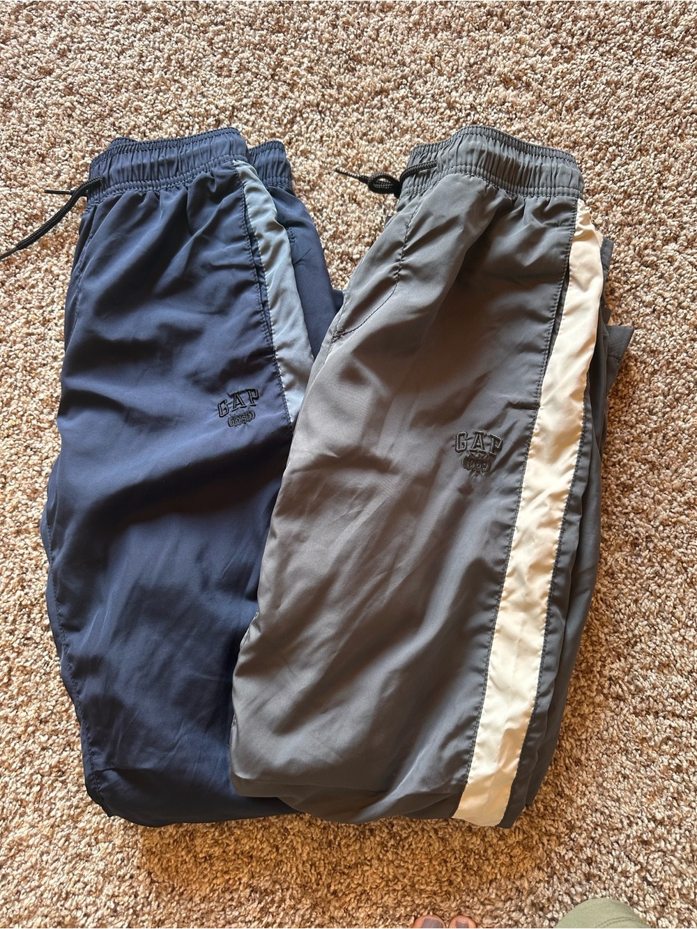 GAP Kids wind pants in Navy and Gray with White Side Stripe. No holes.